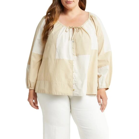 Madewell NWT Patchwork Tie Front Poplin Top in Summer Dune Size 2X MSRP‎ $108 - Picture 1 of 7